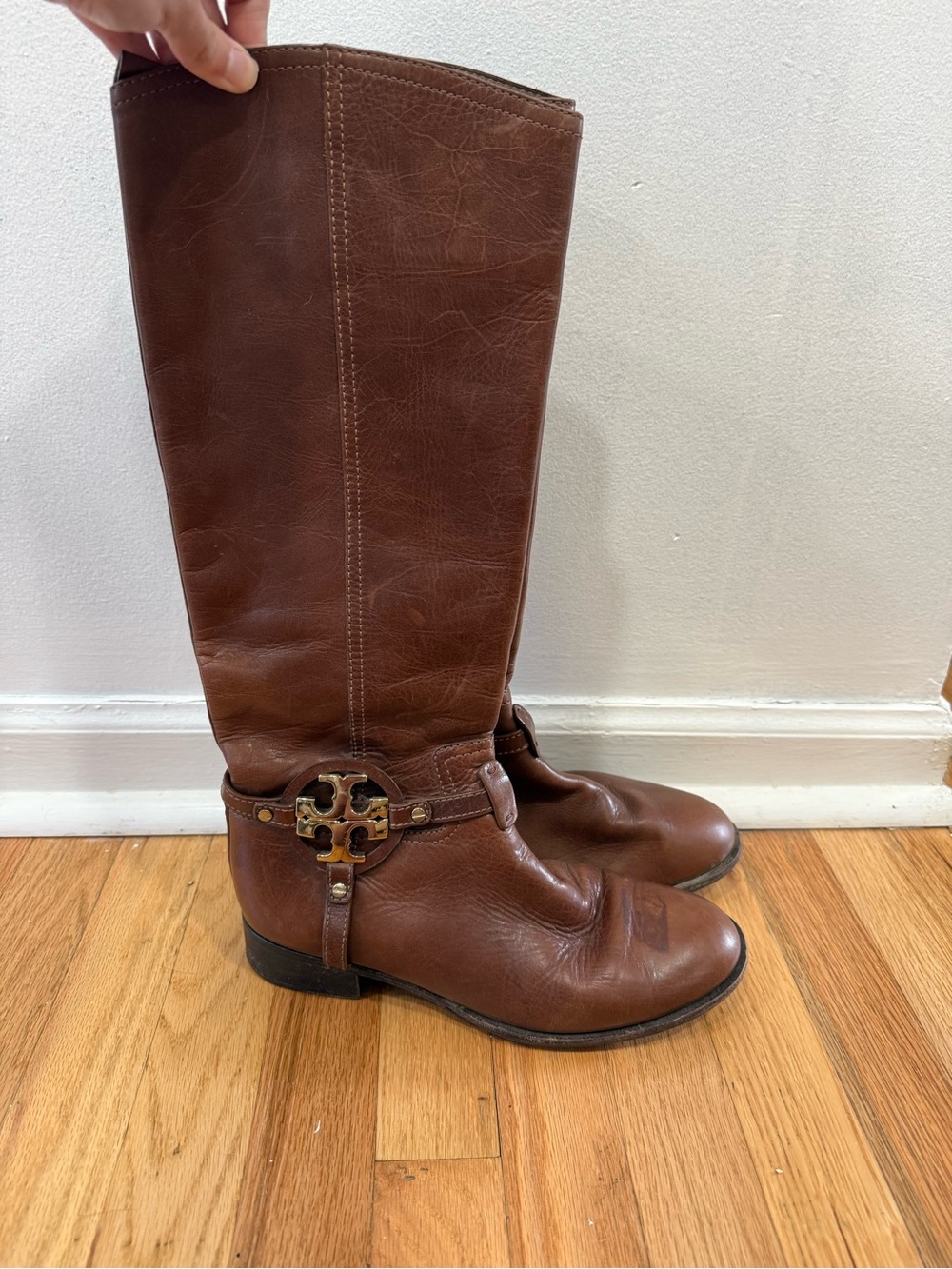 Tory Burch Amanda Brown Leather Tall Riding Boots with Logo-Print Lining